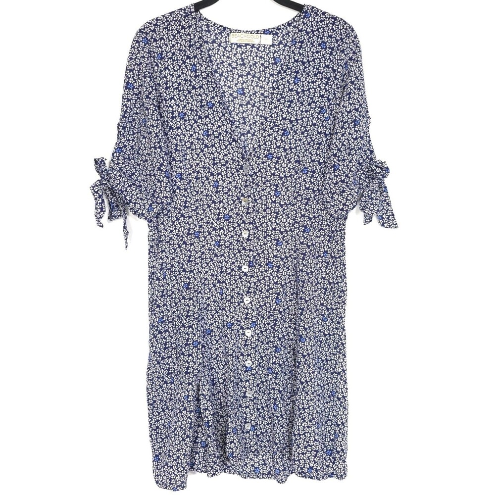 Anthropologie BEACHGOLD Women Shirt Button Dress MEDIUM Floral Vneck Tie Sleeve‎